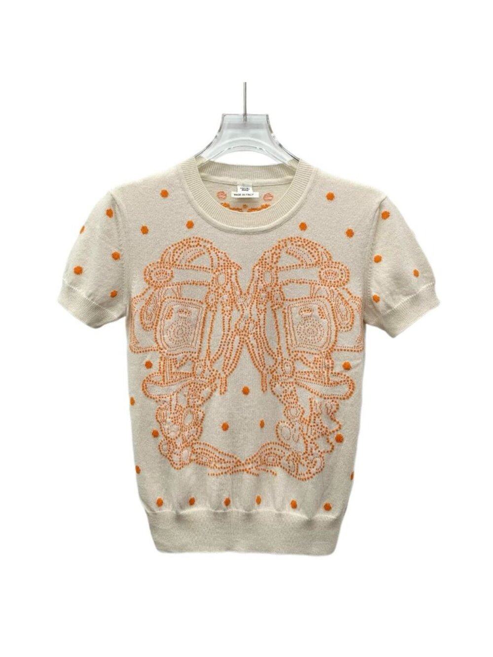 Hermès Color-Block Saddle Jacquard Cashmere Crew Neck Short-Sleeve Knit Top